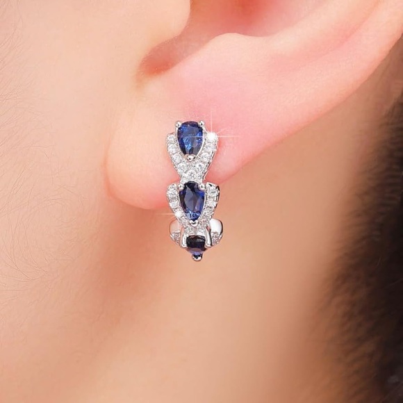 Simulated Sapphire Earrings Women's Blue Sapphire Hoop Earrings Round Sapphire - Picture 5 of 7